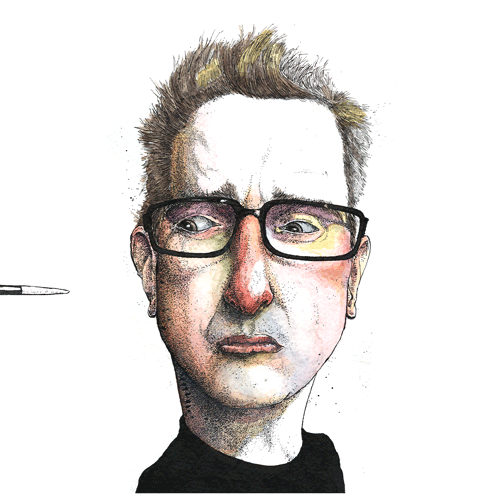 animated self portrait of ammon perry where a paintbrush enters through one ear and then out of the opposite ear